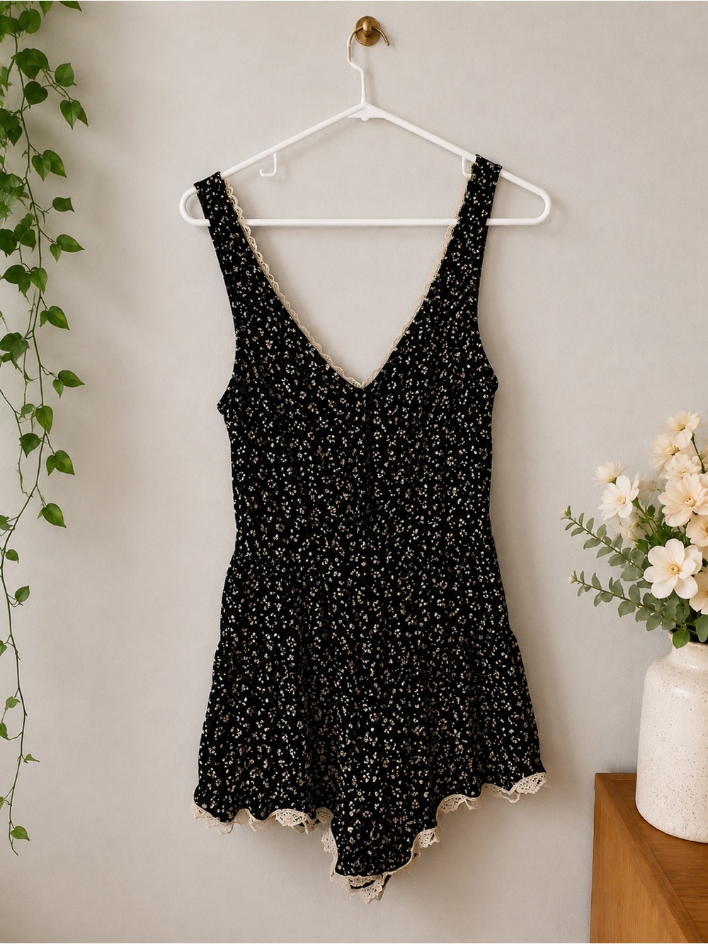 Francesca's Black Floral Lace-Trim Romper